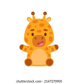 Cute little sitting giraffe. Cartoon animal character design for kids t-shirts, nursery decoration, baby shower, greeting cards, invitations, bookmark, house interior. Vector stock illustration