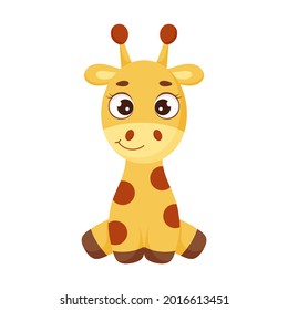 Cute little sitting giraffe. Funny cartoon character for print, greeting cards, baby shower, invitation, wallpapers, home decor. Bright colored childish stock vector illustration
