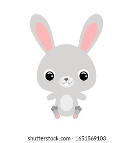 Cute little sitting hare. Forest animal. Cartoon character for baby print design, kids wear, baby shower celebration, greeting and invitation card. Flat vector stock illustration on white background