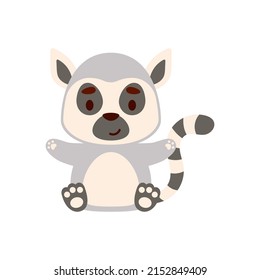 Cute little sitting lemur. Cartoon animal character design for kids t-shirts, nursery decoration, baby shower, greeting cards, invitations, bookmark, house interior. Vector stock illustration