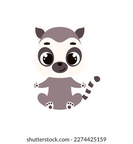 Cute little sitting lemur. Cartoon animal character for kids cards, baby shower, invitation, poster, t-shirt composition, house interior. Vector stock illustration