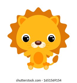 Cute little sitting lion. African animal. Cartoon character for baby print design, kids wear, baby shower celebration, greeting and invitation card. Flat vector stock illustration on white background