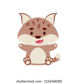 Cute little sitting lynx. Cartoon animal character design for kids t-shirts, nursery decoration, baby shower, greeting cards, invitations, bookmark, house interior. Vector stock illustration
