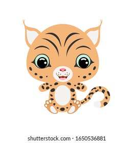 Cute little sitting lynx. Wild animal. Cartoon character for baby print design, kids wear, baby shower celebration, greeting and invitation card. Flat vector stock illustration on white background