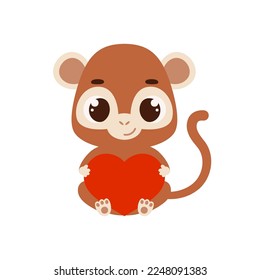Cute little sitting monkey holds heart. Cartoon animal character for kids cards, baby shower, invitation, poster, t-shirt composition, house interior. Vector stock illustration