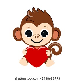 Cute little sitting monkey holds heart. Vector illustration on isolated background.