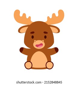 Cute little sitting moose. Cartoon animal character design for kids t-shirts, nursery decoration, baby shower, greeting cards, invitations, bookmark, house interior. Vector stock illustration