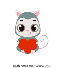 Cute little sitting opossum holds heart. Cartoon animal character for kids cards, baby shower, invitation, poster, t-shirt composition, house interior. Vector stock illustration