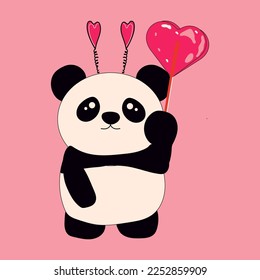 Cute little sitting panda holds Heart shaped lollipop. Cartoon animal character for kids cards, baby shower, invitation, poster, t-shirt composition, house interior. Vector stock illustration