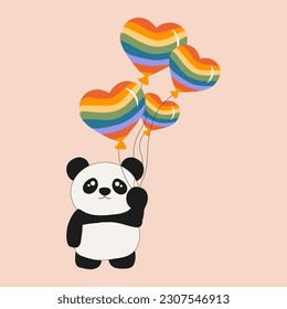 Cute little sitting panda holds rainbow balls.. Cartoon animal character for kids cards, baby shower, invitation, poster, t-shirt composition, house interior. Vector stock illustration 