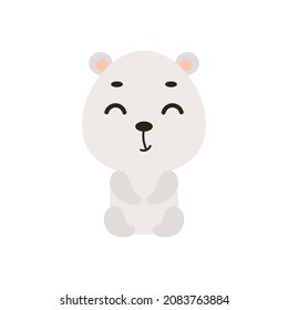 Cute little sitting polar bear on white background. Cartoon animal character for kids cards, baby shower, invitation, poster, t-shirt composition, house interior. Vector stock illustration.
