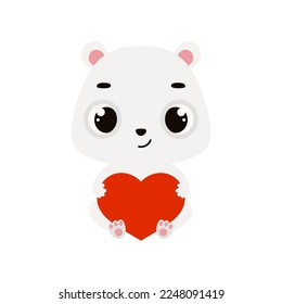 Cute little sitting polar bear holds heart. Cartoon animal character for kids cards, baby shower, invitation, poster, t-shirt composition, house interior. Vector stock illustration