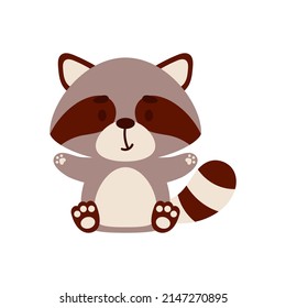 Cute little sitting raccoon. Cartoon animal character design for kids t-shirts, nursery decoration, baby shower, greeting cards, invitations, bookmark, house interior. Vector stock illustration