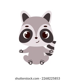 Cute little sitting raccoon. Cartoon animal character for kids cards, baby shower, invitation, poster, t-shirt composition, house interior. Vector stock illustration