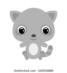 Cute little sitting raccoon. Forest animal. Cartoon character for baby print design, kids wear, baby shower celebration, greeting, invitation card. Flat vector stock illustration on white background