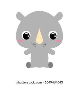 Cute little sitting rhinoceros. African animal. Cartoon character for baby print design, kids wear, baby shower celebration, greeting card. Flat vector stock illustration on white backgroud