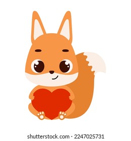 Cute little sitting squirrel holds heart. Cartoon animal character for kids cards, baby shower, invitation, poster, t-shirt composition, house interior. Vector stock illustration