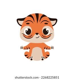 Cute little sitting tiger. Cartoon animal character for kids cards, baby shower, invitation, poster, t-shirt composition, house interior. Vector stock illustration