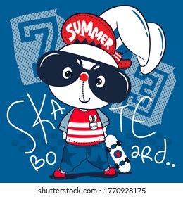 Cute little skater rabbit wearing sunglasses with skateboard isolated on navy blue background illustration vector, T-Shirt design for kids. 