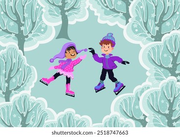 Cute little skaters against on the winter forest. Happy children skating in the snowy park. Winter outdoor activity. Boy and girl in bright winter clothes. Cartoon kids. Vector flat illustration.