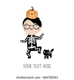 Cute little skeleton. Halloween poster or card. Vector illustration.