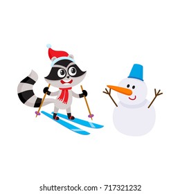 Cute little skiing raccoon character and funny snowman, winter activity, cartoon vector illustration isolated on white background. Little skiing raccoon character and snowman, having fun in winter