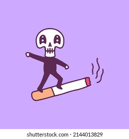 Cute little skull with cigarette, illustration for t-shirt, sticker, or apparel merchandise. With doodle, retro, and cartoon style.