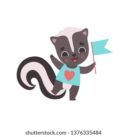 Cute Little Skunk with Flag, Adorable Baby Animal Cartoon Character Vector Illustration