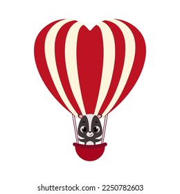 Cute little skunk fly on heart hot air balloon. Cartoon animal character for kids cards, baby shower, invitation, poster, t-shirt composition, house interior. Vector stock illustration