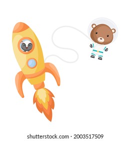 Cute little skunk flying in yellow rocket. Cartoon bear character in space costume with rocket on white background. Design for baby shower, invitation card, wall decor. Vector illustration