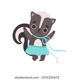 Cute Little Skunk Girl in Blue Skirt, Adorable Baby Animal Cartoon Character Vector Illustration