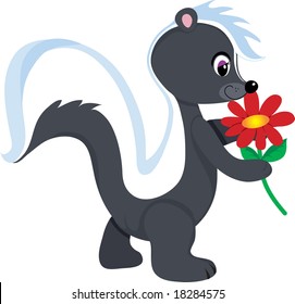 A cute little skunk holding a red flower. He's sniffing it and is smiling sweetly.