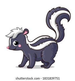 Cute little skunk on a white background in cartoon style. Vector illustration with an animal.