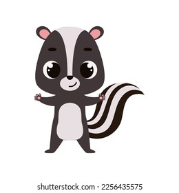 Cute little skunk on white background. Cartoon animal character for kids cards, baby shower, invitation, poster, t-shirt composition, house interior. Vector stock illustration