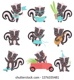 Cute Little Skunks Set, Adorable Baby Animals Cartoon Characters in Different Situations Vector Illustration