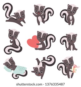 Cute Little Skunks Set, Adorable Baby Animals Cartoon Characters Vector Illustration