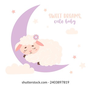 Cute little sleeping animal sheep on moon. Vector illustration in pastel colors. Kids collection