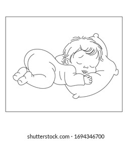 cute little sleeping baby. Children on pillow. Logo for sleep expert. Line art one color vector illustration