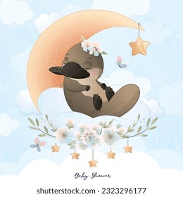 Cute little sleeping platypus with watercolor illustration