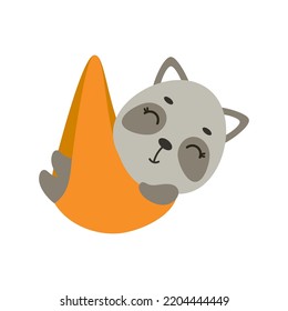 Cute little sleeping raccoon. Cartoon animal character for kids t-shirt, nursery decoration, baby shower, greeting cards, invitations, house interior. Vector stock illustration