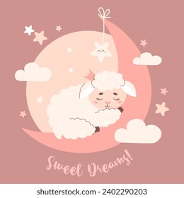 Cute little sleeping sheep princess on moon. Sweet Dreams. Pastel baby card with sleep animal character. Vector illustration. Kids collection