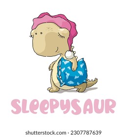 Cute little sleepyhead dinosaur with blue pillow