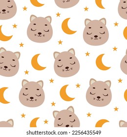 Cute little slipping cat head seamless childish pattern. Funny cartoon animal character for fabric, wrapping, textile, wallpaper, apparel. Vector illustration