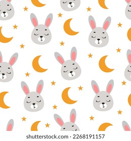 Cute little slipping hare head seamless childish pattern. Funny cartoon animal character for fabric, wrapping, textile, wallpaper, apparel. Vector illustration