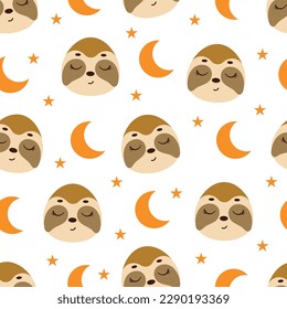 Cute little slipping sloth head seamless childish pattern. Funny cartoon animal character for fabric, wrapping, textile, wallpaper, apparel. Vector illustration