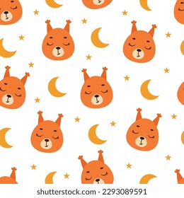 Cute little slipping squirrel head seamless childish pattern. Funny cartoon animal character for fabric, wrapping, textile, wallpaper, apparel. Vector illustration
