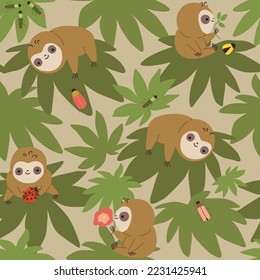 Cute little sloth animals play with beetles. Seamless pattern. For textile, wrapping paper, packaging.