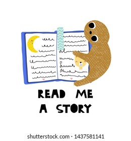 Cute little sloth with book. Kids print with phrase read me a story. Vector hand drawn illustration.