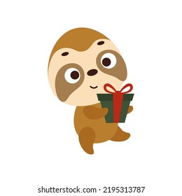 Cute little sloth carries gift box on white background. Cartoon animal character for kids t-shirts, nursery decoration, baby shower, greeting card, house interior. Vector stock illustration