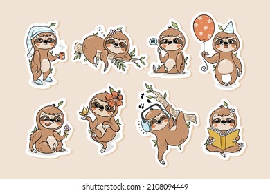 Cute little sloth cartoon characters. Funny stickers for kids